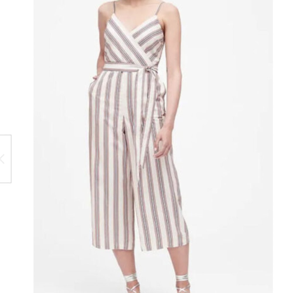 ❌SOLD❌ BANANA Republic Linen-Cotton Cropped Wide leg Striped Jumpsuit Pink white - Picture 1 of 13